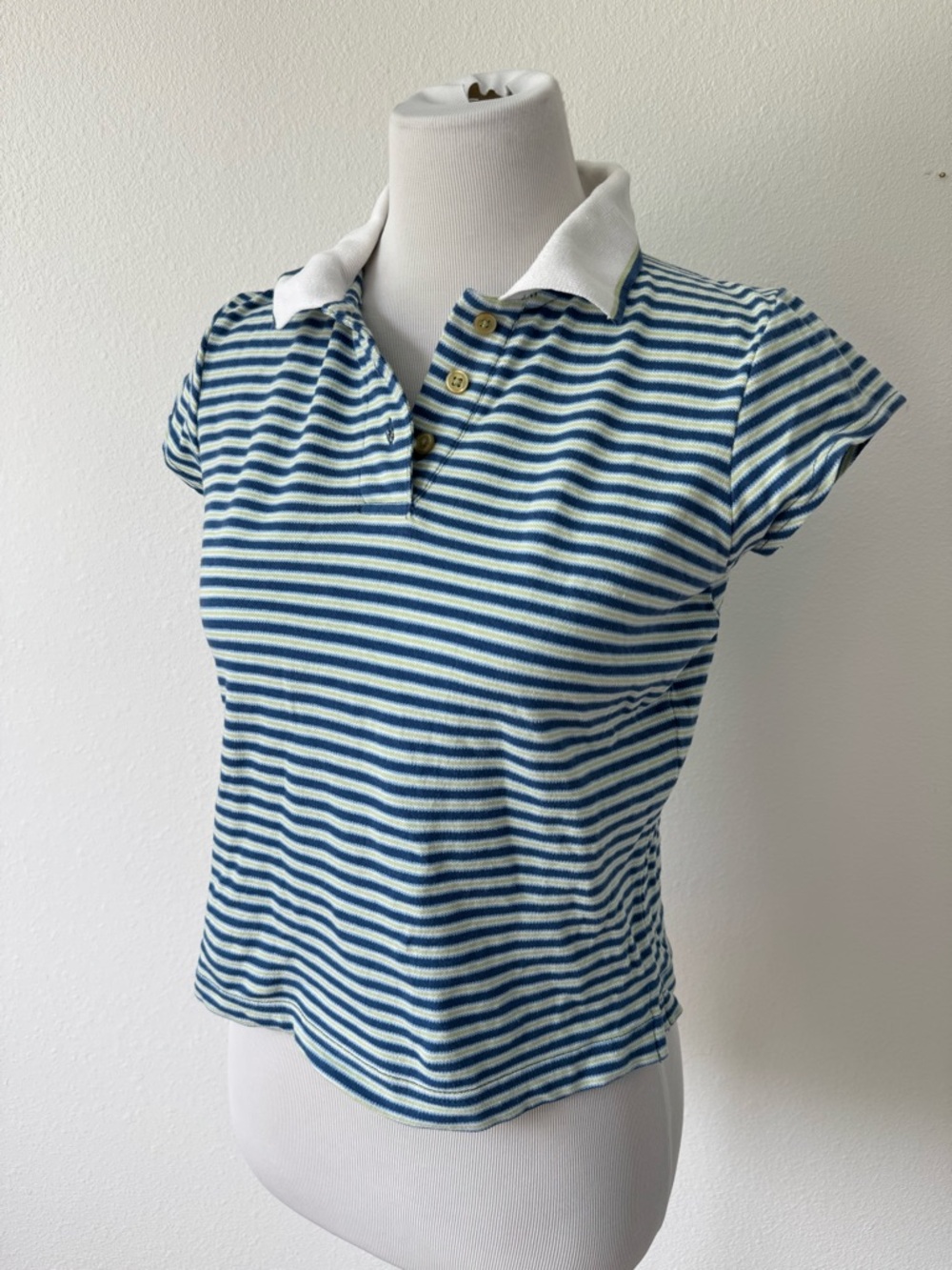 Women’s Vintage Blue and Green Stripe Collared Polo Top